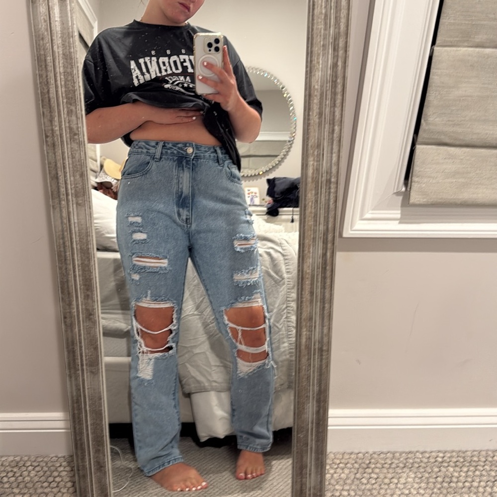 Princess Polly Blue Straight Leg Jeans Distressed Casual